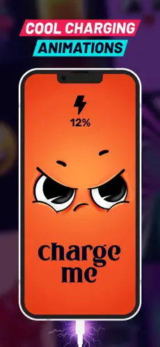 Charging Fun screen showing an angry face animation that says charge me at 12 percent